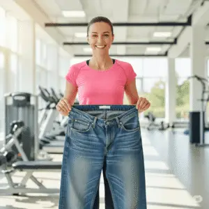 洪暐傑醫師學經歷與專長-2025最新版 4 女子展示減重後寬鬆牛仔褲,象徵 Mounjaro(Tirzepatide)猛健樂有效幫助減重與控糖