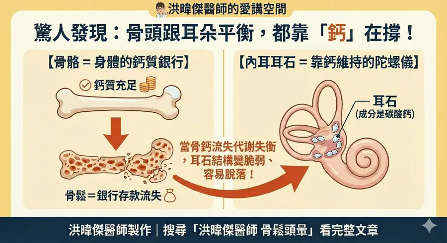 骨質疏鬆導致耳石脫落的機制圖解：比較健康骨骼與骨鬆骨骼，說明缺鈣如何導致內耳耳石結構變脆弱並容易脫落，進而引發眩暈。