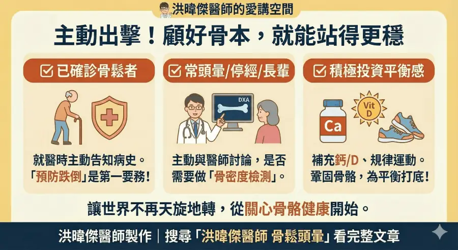 預防骨質疏鬆與頭暈的醫療建議與保健方法：包括主動告知病史、進行骨密度檢測(DXA)、補充鈣質維生素D及規律運動。