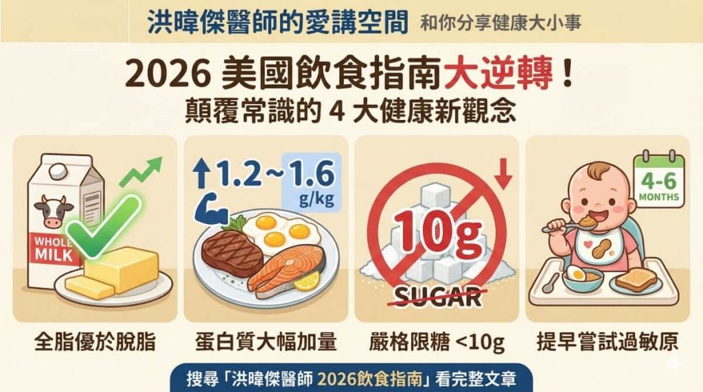 洪暐傑醫師製作的2026美國飲食指南懶人包圖表，包含四大重點：1.全脂牛奶與奶油優於脫脂加工品。2.蛋白質攝取量大幅提升至體重1.2-1.6倍。3.每餐添加糖嚴格限制在10克以下。4.嬰兒4到6個月提早嘗試花生等過敏原。