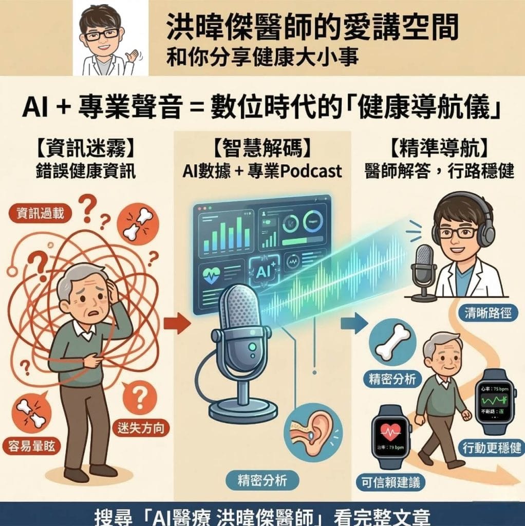 洪暐傑醫師圖解：AI醫療數據分析與專業Podcast節目，如何成為數位時代的健康導航儀，幫助民眾破解錯誤健康資訊迷霧，獲得精準解答。