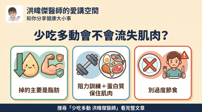 少吃多動會不會流失肌肉？適度赤字加阻力訓練保留肌肉觀念圖｜洪暐傑醫師