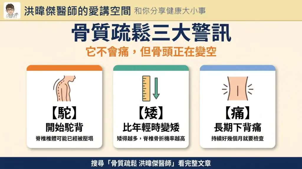 骨質疏鬆沒症狀?「駝、矮、痛」3 警訊與 AI 一張 X 光的早期偵測 2 骨質疏鬆三大警訊:駝背、身高變矮、長期下背痛,以及 AI 胸部 X 光篩檢示意圖