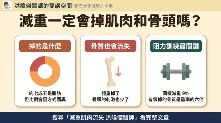 減重肌肉流失與骨質流失對照圖：脂肪與瘦體組織比例、骨密度下降、阻力訓練保護｜洪暐傑醫師