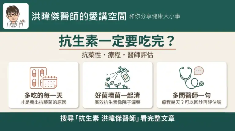 抗生素一定要吃完嗎？抗藥性是多吃的每一天養出來的——洪暐傑醫師《未來醫聲》EP31 資訊圖