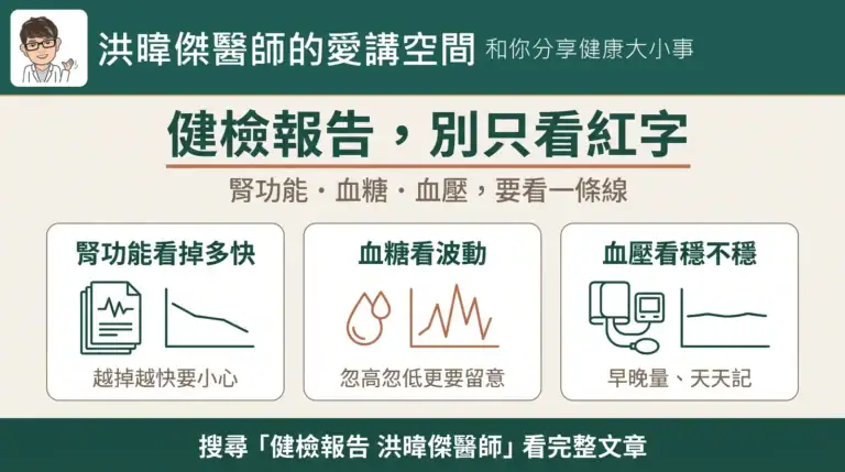 健檢報告怎麼看：別只看紅字，腎功能看掉多快、血糖看波動、血壓看穩不穩（洪暐傑醫師的愛講空間）