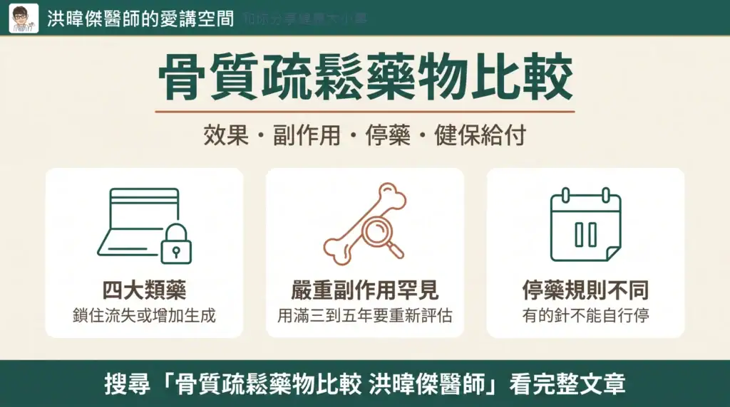 骨質疏鬆藥物比較：四大類藥、副作用與停藥規則重點資訊圖