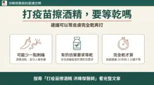 爬樓梯會喘不一定是體力差:肺部警訊、廚房油煙與呼吸練習 36 打疫苗擦酒精要等乾嗎:建議可以等皮膚完全乾再打;可能少一點刺痛、有的仿單要求等乾、各國建議 30 秒到 2 分鐘不等